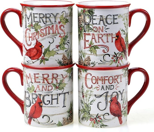 Evergreen Christmas 16 oz Ceramic Mugs – Set of 4 – Holiday Cardinal Design with Festive Sayings – Durable Stoneware Drinkware for Hot Cocoa, Coffee, Tea & Winter Gifting