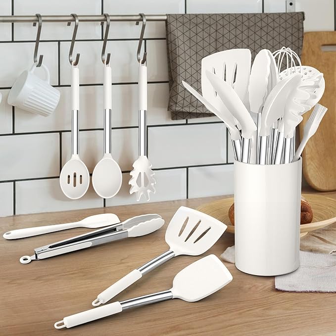 TeamFar Cooking Utensils Set, 14 PCS Silicone Kitchen Utensils with Stainless Steel Handle, Soup Ladle Spatula Spoon Turner for Nonstick Cookware, Healthy & Heatproof, Nonstick & Easy Clean, White