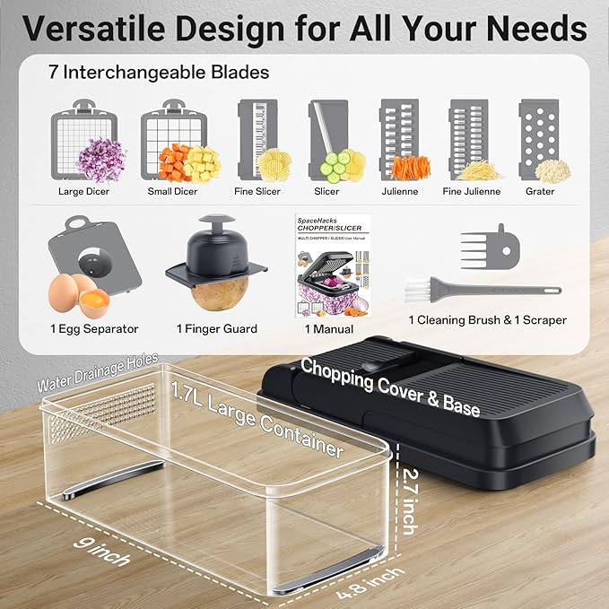 SpaceHacks 12-in-1 Vegetable Chopper, Kitchen Gadgets with 7 Blades, Veggie, Food, Onion Chopper, Cucumber Slicer, Versatile Mandoline, Includes Egg Separator & Finger Guard, Gray