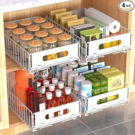 4 Pack Pull Out Cabinet Organizer, Heavy Duty Slide Out Drawer with No Drill Adhesive or Screw Mount, Carbon Steel Roll Out Shelf for Kitchen Cabinet, Pantry & Bathroom Storage
