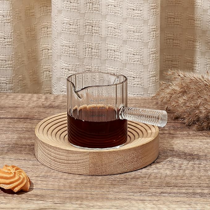 Koythin Glass Measuring Cups, Espresso Shots Cup for Latte Cappuccino, Minimalist Espresso Cups with Double V-Shaped Spout, Ribbed Coffee Bar Accessories with Glass Handle, 3 oz/180 ml (Cylindrical)
