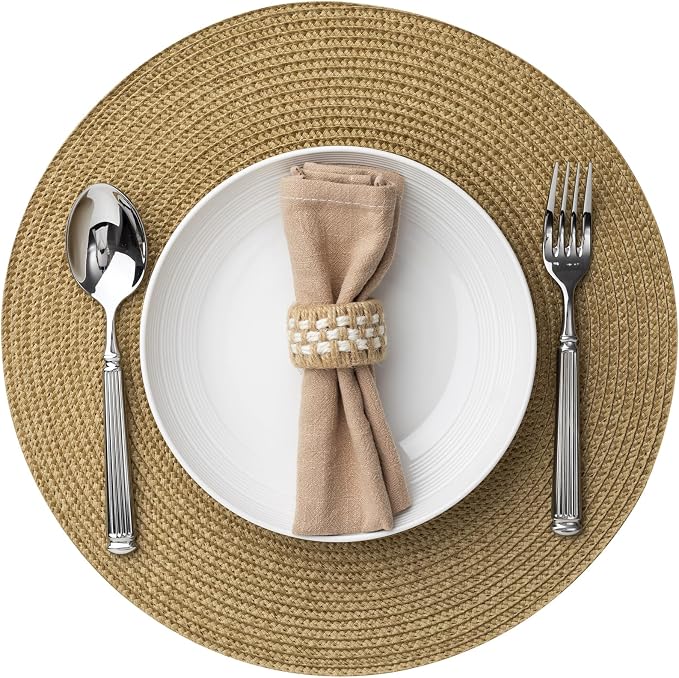 Baroyal Round Placemats Set of 4 Plastic Woven Placemats Washable Wipeable Table Mats for Dining Table Heat Resistant Non-Slip Circle Place Mats (Tan)