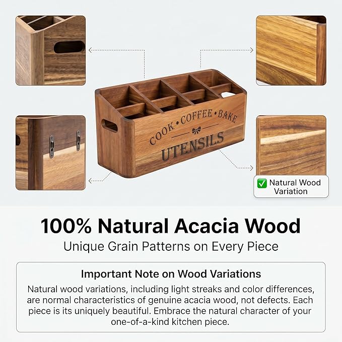 Wooden Kitchen Utensil Holder, Acacia Wood, Extra Large, 4-Compartment, Countertop Organizer, Wall Mount Option, Silverware Storage Caddy, Ventilation Holes & Non-Slip Pads (4 Compartments)