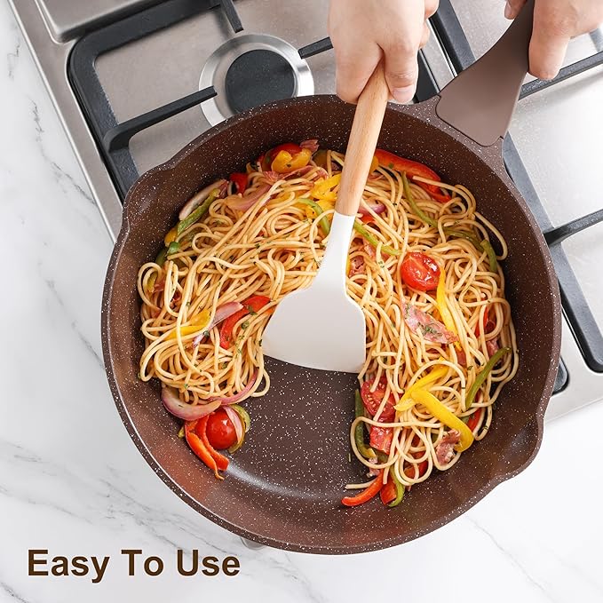 SENSARTE Kitchen Utensils 2-Piece, Silicone Cooking Utensils, Silicone Spatula and Ladle with Wooden Handle, White