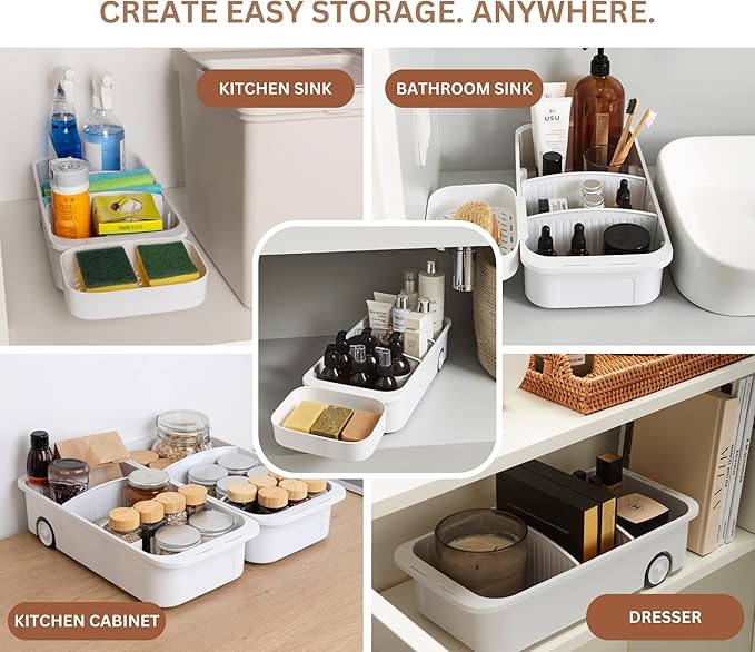 GAROOD Kitchen Under Sink Organizer Cleaning Supply Caddy Storage Bin Under Sink Caddy Rolling Cleaning Organizer with wheels Pull out tray Bathroom Organizers Storage 16.5*8*3.75 in - White 2 pack