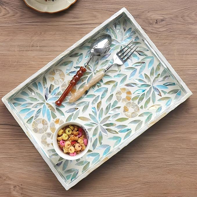 i-lan Set of 2 Mother of Pearl Serving Trays (16" & 14") with 2 Caviar Spoons – Rectangular Wooden Ottoman Tray with Sea Shell Inlay – Decorative Nesting Platters for Coffee Table, Vanity & Breakfast