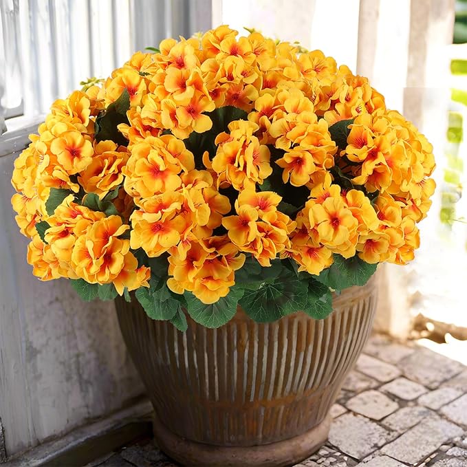 Hananona 12 Pcs Artificial Geranium Flowers for Outdoors Geranium Silk Flowers Outdoor UV Resistant Garden Plants Faux Flowers for Home Kitchen Table Centerpieces Decor (12, Yellow)