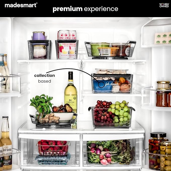 madesmart Premium Large Fridge Bin, Organizer for Produce, Cheeses, Meats & Deli Items, Dry-Erase Label Area, Multi-Purpose Fridge Storage, Soft Grip Handles, Clear