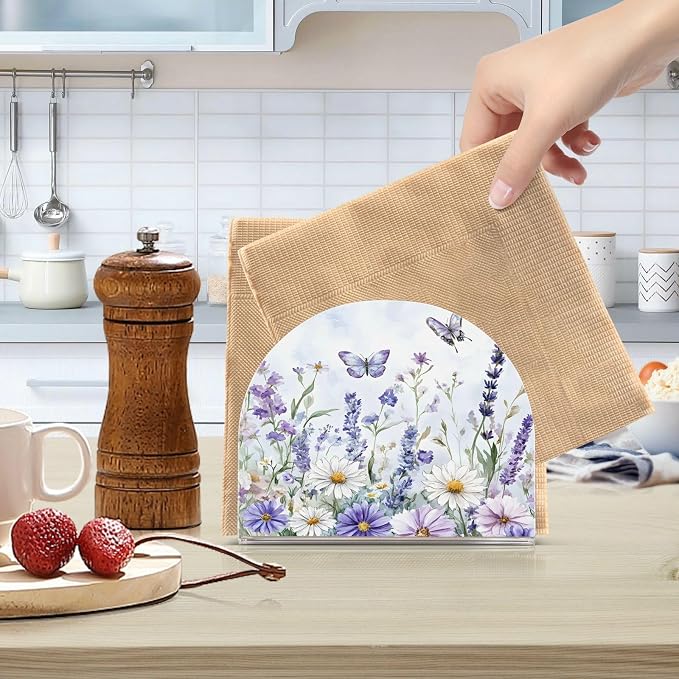 Spring Wild Flowers Purple Butterfly Napkin Holder for Tables Paper Cocktail Napkin Holders for Kitchen Dinning,Acrylic Dinner Napkin Dispenser for Restaurant Home Decor Bar Accessories 2 Pack