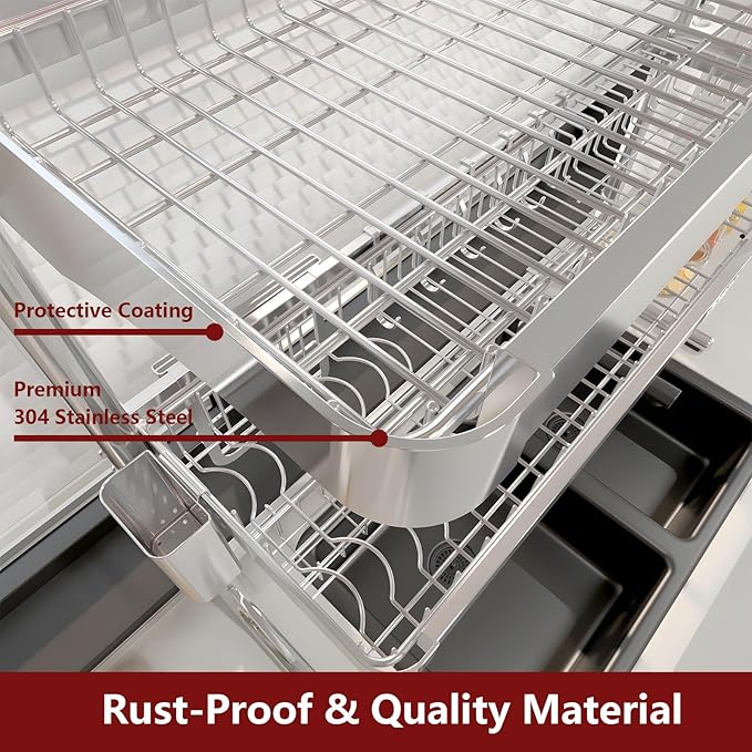 VNKZI Over Sink Dish Drying Rack, 3 Tier Full Stainless Steel Storage Adjustable Length (25.98'' to 36.61'') Kitchen Rack, Multifunctional Expandable Counter Organizer, Space Saver Dish Rack