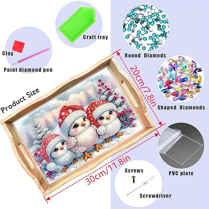 DIY Diamond Serving Tray Diamond Art Painting Creative Design Handmade Wooden Tray Dinner Plate for Coffee Breakfast Home Organizer-Christmas Bird