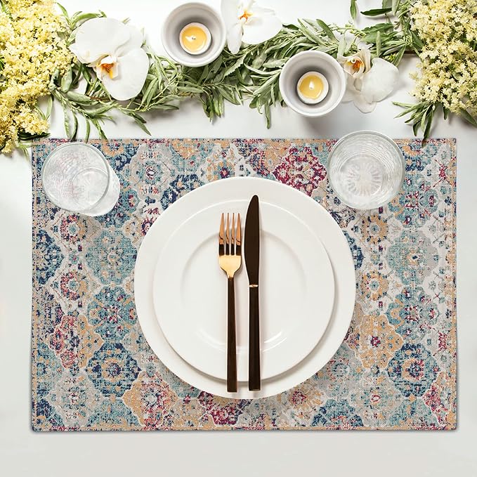 Ethnic Boho Placemats Set of 4 Bohemian Carpet Vintage Rust Coral Floral Carpet Linen Washable Kitchen Dining Table Mats Stain Heat-Resistant Desktop Decor Place Mats 12x18 in