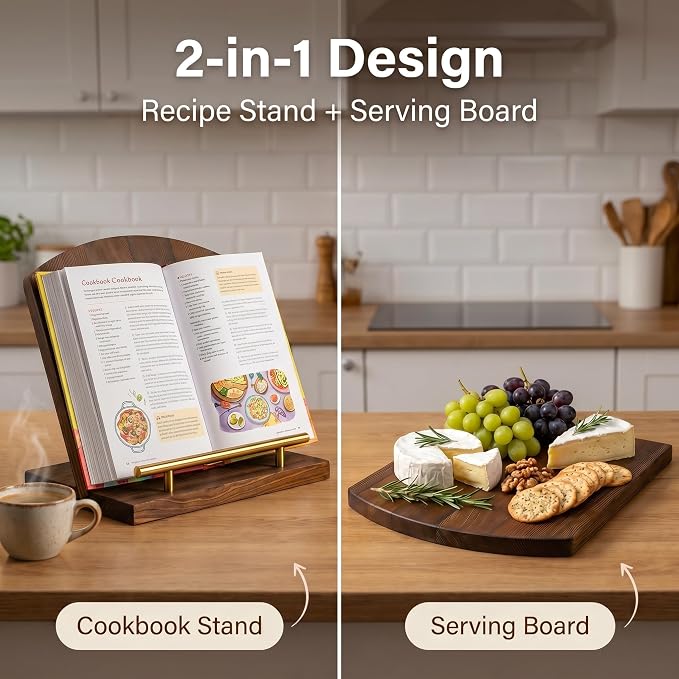 Beautiful Wooden Cookbook Stand for Kitchen Counter, TAQIXI 2 in 1 Recipe Book Holder, Charcuterie Board & Kitchen Serving Tray, Rustic Cook Book Holder Stand for Kitchen (Brown)
