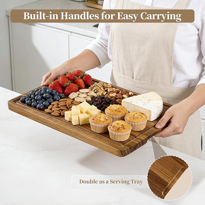 Teak Cutting Board for Kitchen - Solid Teak Wood Chopping Board with Handle & Juice Groove, Heavy-Duty Hardwood Cutting Boards Wooden Butcher Block for Meat, Fish, Vegetables, Fruits