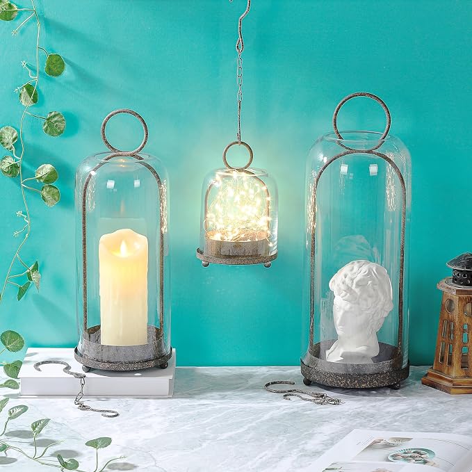 20" High Versatile Modern Metal Hurricane Lantern with Handmade Sturdy Glass Dome in Rustic Brown for Pillar Candle & Plants, Industrial, Farmhouse, Shabby Chic (Brown, 7.5"x20")
