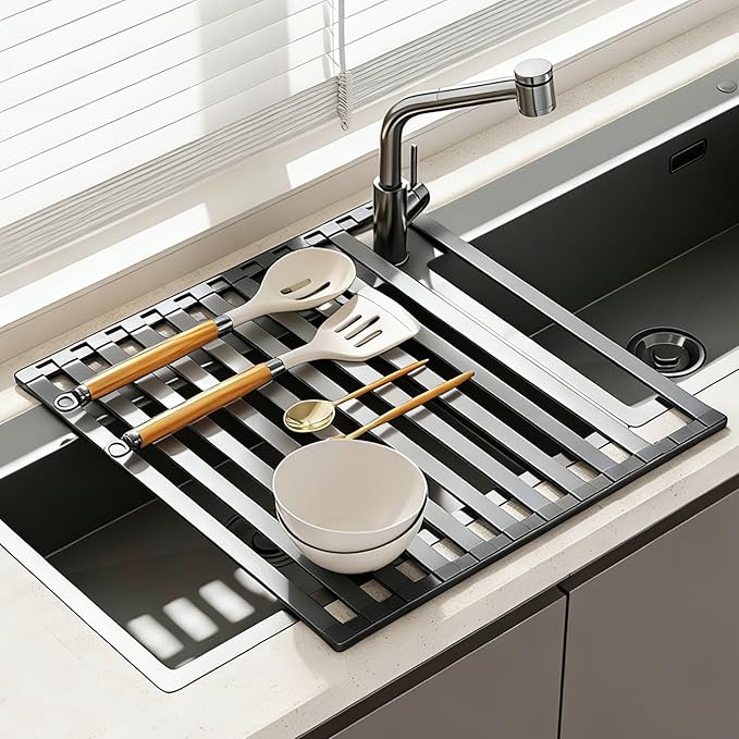 Foldable Over Sink Dish Drying Rack, Extra Wide & Thick Rust-Proof Aluminum Sink Cover for Counter Space, Collapsible Dish Drying Rack Fits Most Kitchen Sinks (Gray, 17.7“x13.6)