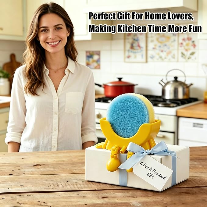 Cute Hanging Sponge Holder with Drainage,3D Printed Kitchen Funny Sponge Stand for Sink,with non-slip pads,Suitable for Scrub Daddy Holder,Keeps Your Sponge Dry Smiling (Yellow)