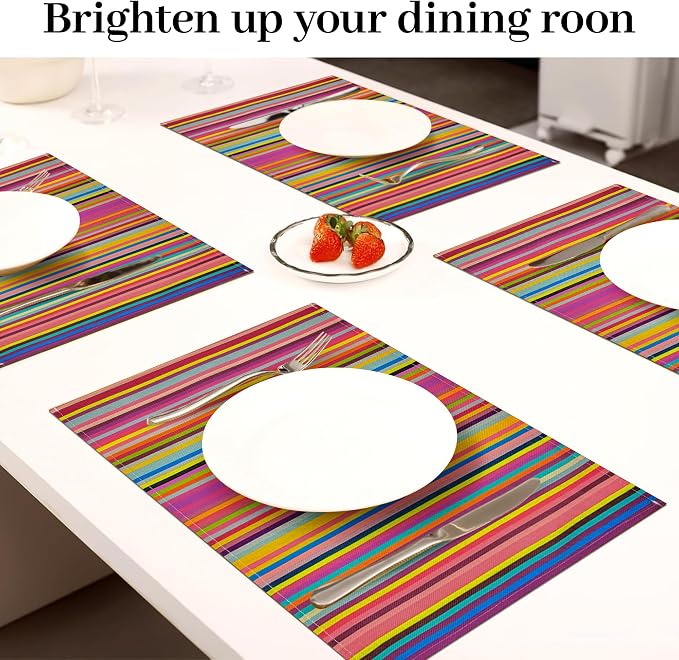 Bloss Mexican Placemats Set of 6, Linen Woven Rainbow Place Mats for Kitchen Table Indoor/Outdoor, 12" x 18" Washable Placemat Dining Table Mats