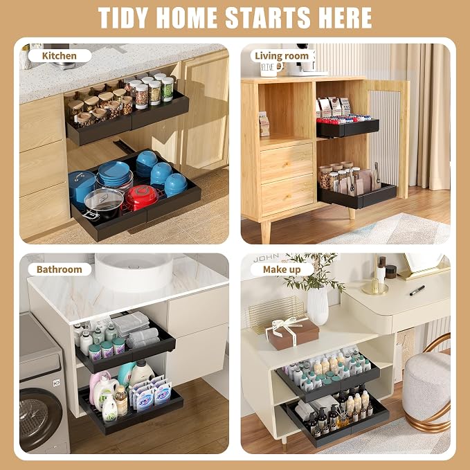 Pull Out Cabinet Organizer, Width Expandable (11.7"-19.7") Heavy Duty Slide Out Drawers Fixed with Adhesive Nano Film for Pots, Roll Out Shelf Storage For Kitchen,Pantry,Garage,Bathroom Storage