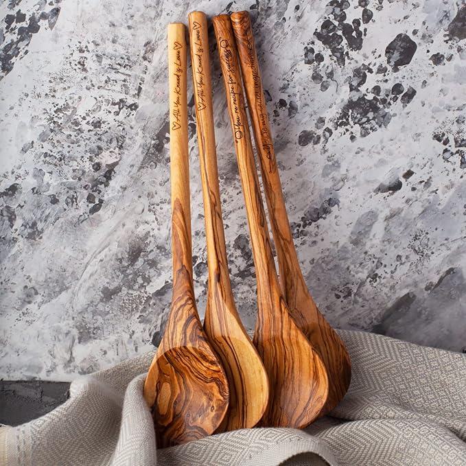 Forest Decor Engraved Personalized, Olive Wood Spoons, Personalized Cooking Gift for Grandma and Mom, Wooden Spoon Set, Cooking Trophy, 100% Natural and Handcrafted, Set of 2 Round Spoons