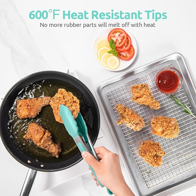 600ºF Heat Resistant Kitchen Tongs: U-Taste 9 inch Silicone Cooking Tong with Firm Sealed Non Stick Rubber Tips & Silicon Coated 18/8 Stainless Steel Handle & Smooth Locking for Serving Salad-Aqua Sky
