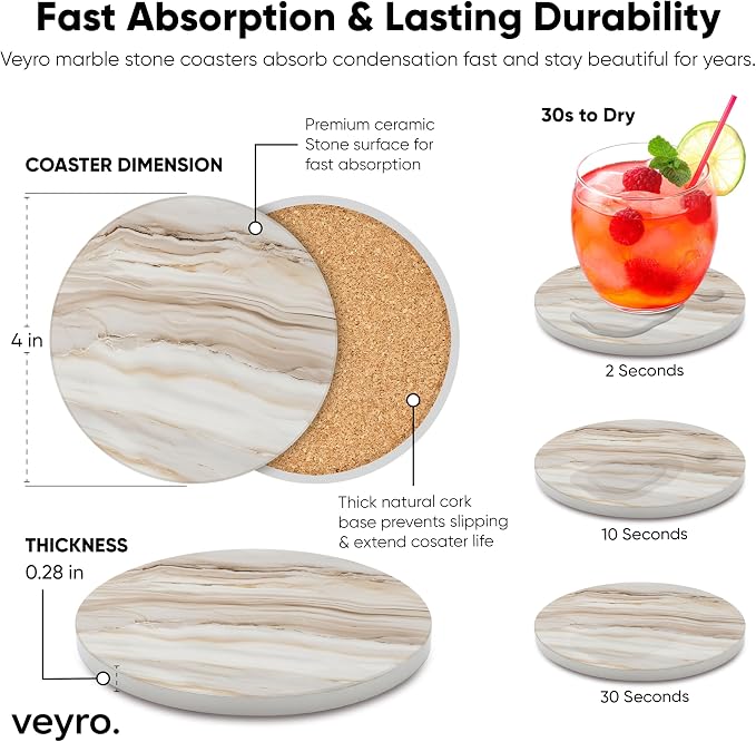 VEYRO Ceramic Coasters Set of 4 – Absorbent Stone Drink Coasters with Holder, Non-Slip Cork Backing, Modern Marble Look Coasters for Coffee Table, Desk & Home Decor