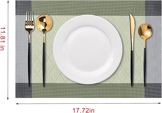 CADONO Placemats Set of 6 Washable Indoor/Outdoor Vinyl Place Mats for Dining Table Durable Non-Slip Heat Resistant PVC Weave Table Mats（Rhombus-Green）