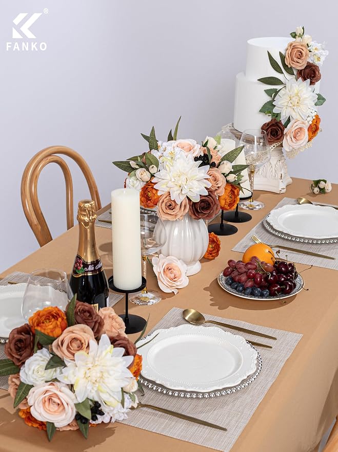 FANKO Artificial Flowers for DIY, Brown Burnt Orange White Faux Flowers Bouquet, Colorful Fake Rose Dahlia Ranunculus Silk Flowers for Vase, Home Decor, Garland, Summer Wedding, Birthday, Party