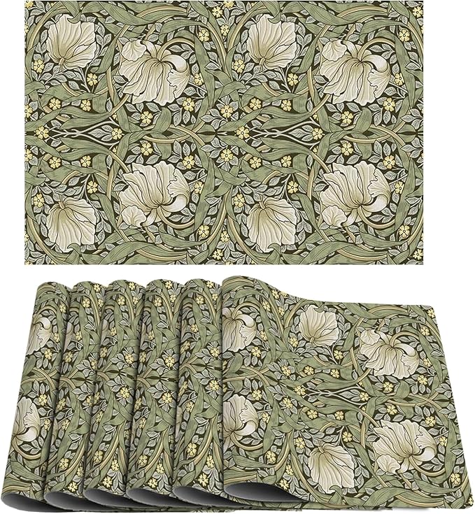 William Morris Placemats Set of 6 Vintage Floral Green Botanical Washable Heat Resistant Place Mats for Dining Table Cottagecore Linen Woven Wipeable Table Mats Kitchen Decor 11.8"X17.7"