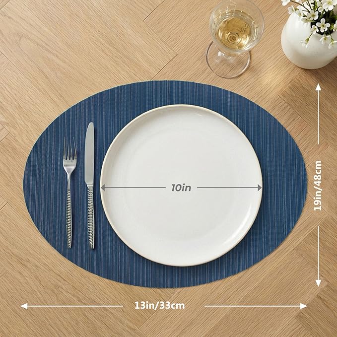 AHHFSMEI Oval Placemats Set of 6 Woven Vinyl Non-Slip Heat Resistant Stain Resistant Easy Clean Place mats for Dining Table(Blue)