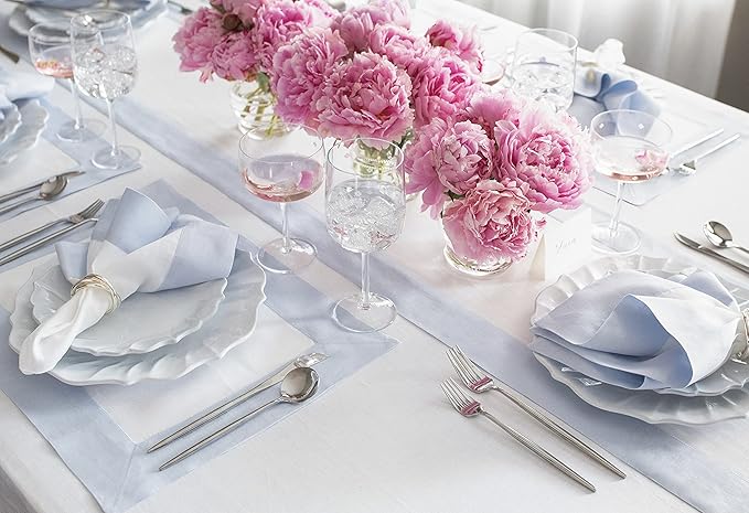 Solino Home 100% Pure Linen Table Runner 14x90 Inch – Light Blue & White, Oeko-TEX Certified, Spring & Summer Table Runner for Dining Table, Handcrafted Farmhouse Décor - Contempo