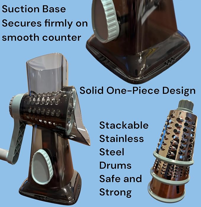 Rotary Cheese Grater | Hand Crank Grates Cheese, Vegetables, Nuts and Chocolate | 3 Stainless Steel Blades | Strong Suction Base | Easy to Clean | One Piece Body | Charcoal Gray and Teal