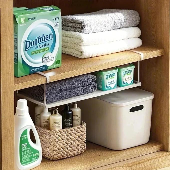 PowerKing Expandable Under Cabinet Shelf, Adjustable Length Under Shelf Storage with Thick Clips 10lbs Capacity for Kitchen, Laundry, Shoe, Under Office Desk & Wardrobe Partition (White, 5.11'' H)