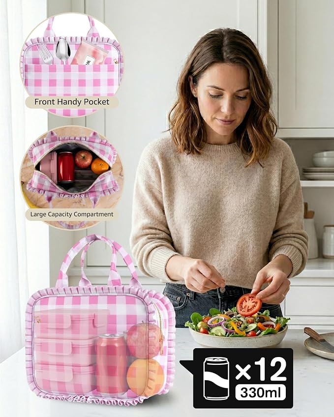 Stylish Checkered Gingham Lunch Bag for Women, Ruffled Trim Lunch Box for Adult Girls, Large Capacity Leakproof Reusable Lunch Box for Work School Picnic Travel (Pink&White)