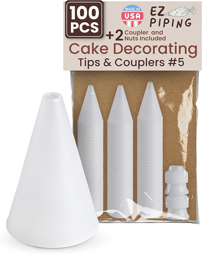 Reusable Plastic Piping Tips Standard Size Round Tip #5 100 Pack with 2 Couplers Round Icing Nozzle for Cake Decoration, Dessert Design Baking Supplies & Piping Bags Base Ø 0.75"Height 1.25"