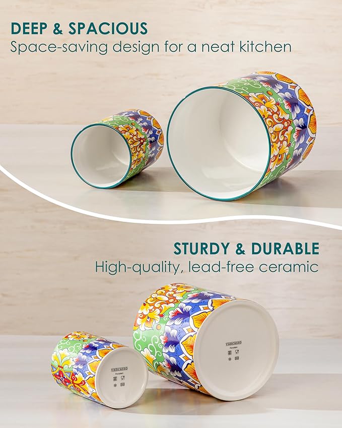 vancasso SIMI Utensil Holder, 7.3"+5.5" Porcelain Kitchen Utensil Holder for Countertop, Bohemian Kitchen Utensil Organizer for Spatulas, Spoons, Ladles, Decorative Counter Utensil Crock, Golden Bloom