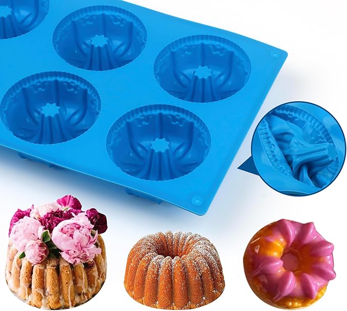 Sidosir Mini Blossom Fluted Tube Cake Pan, 6 Cavity Heritage Fluted Tube Cake Silicone Blossom Mold for Family Baking,Non Stick Fancy Design Molds for Fluted Tube Cake, Mousse Cups, Jelly