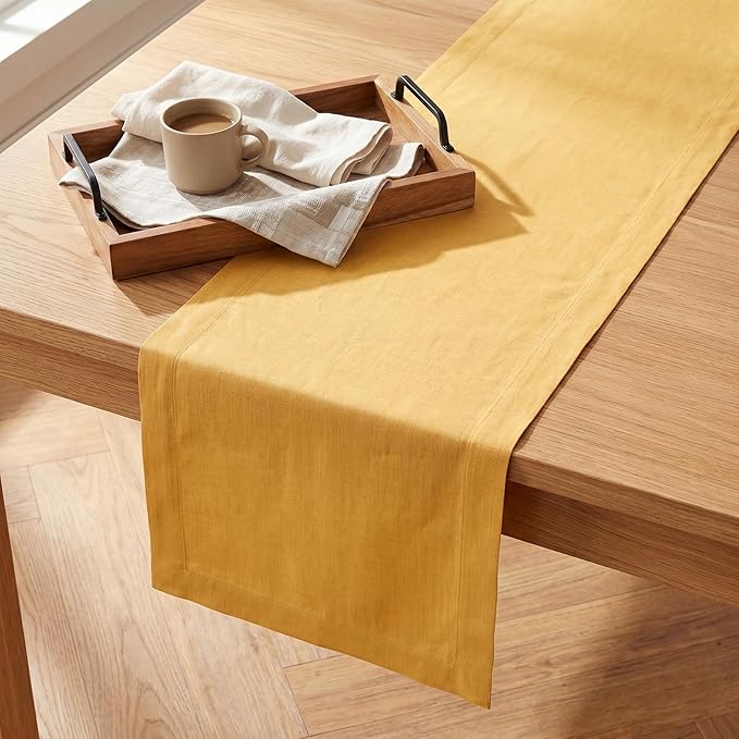 Solino Home Linen Mustard Yellow Table Runner 60 Inches - 100% Pure Linen Farmhouse Short Table Runner 14 x 60 Inch Ideal for Dresser and Coffee Tables, Spring, Summer - Fete