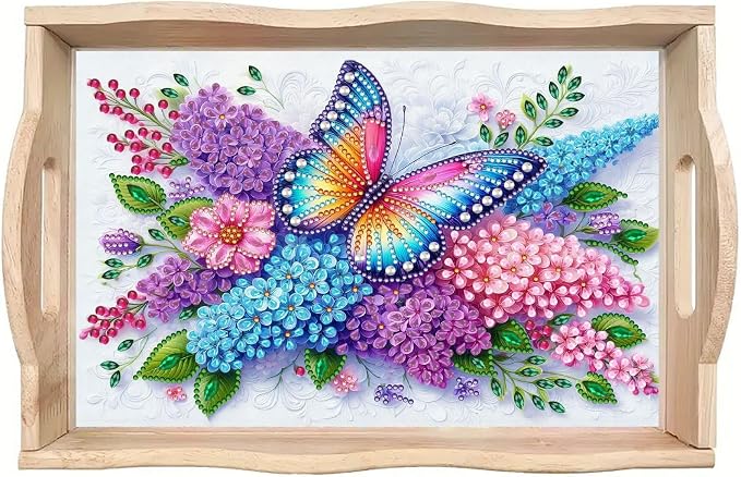 DIY Diamond Serving Tray with Handle Handmade Gem Painting Wooden Rectangular Breakfast Tray for Dinner Plate Coffee Room Living Home Organizer-Butterfly Flower