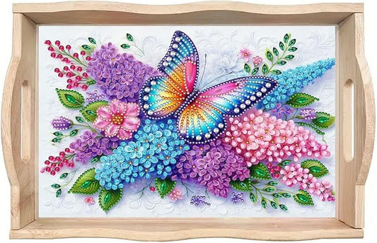 DIY Diamond Serving Tray with Handle Handmade Gem Painting Wooden Rectangular Breakfast Tray for Dinner Plate Coffee Room Living Home Organizer-Butterfly Flower