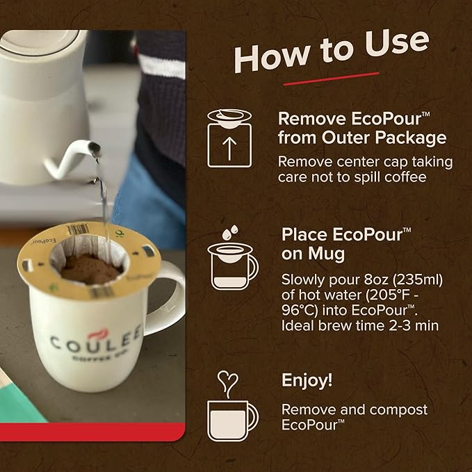 Coulée EcoPour O.G. Coffee, All Paper Single Serve Pour Over Colombian Coffee, Medium Roast, Use for Camping or Traveling, Pre Filled Compostable, All Paper Filters, Ready to Brew with Hot Water, Plastic Free, 10 Pack | camping-coffee-and-tea-pots