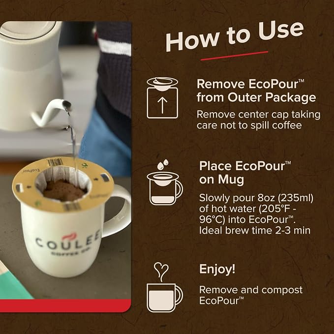 EcoPour B.I.O.N. Coffee, Single Serve Pour Over Decaffeinated Coffee, for Camping or Traveling, Pre Filled Compostable, All Paper Filters, Ready to Brew with Hot Water, 20 Pack
