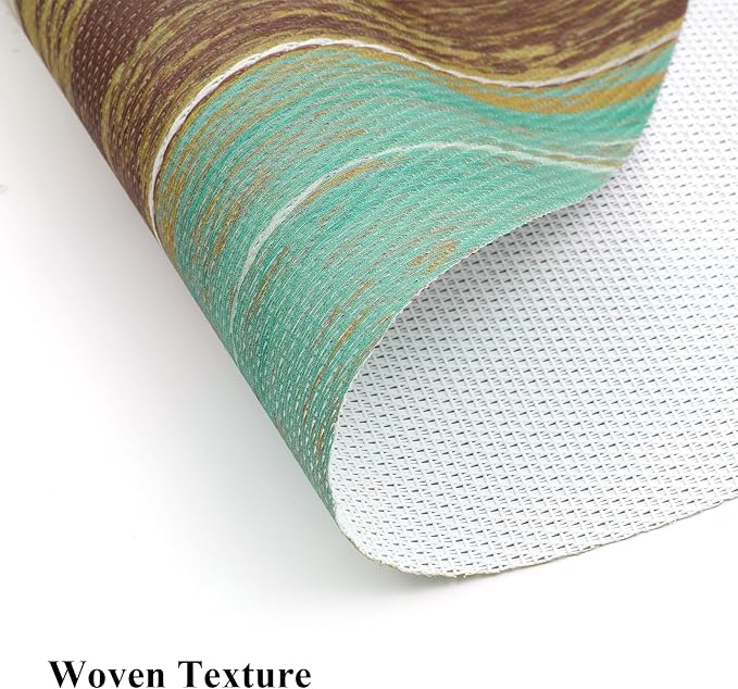 SHACOS Small Round Table Placemats Set of 5 Woven Vinyl Wedge Placemats with Centerpiece Round Table Mats Wipe Clean, Teal Brown Stripe Wood Board