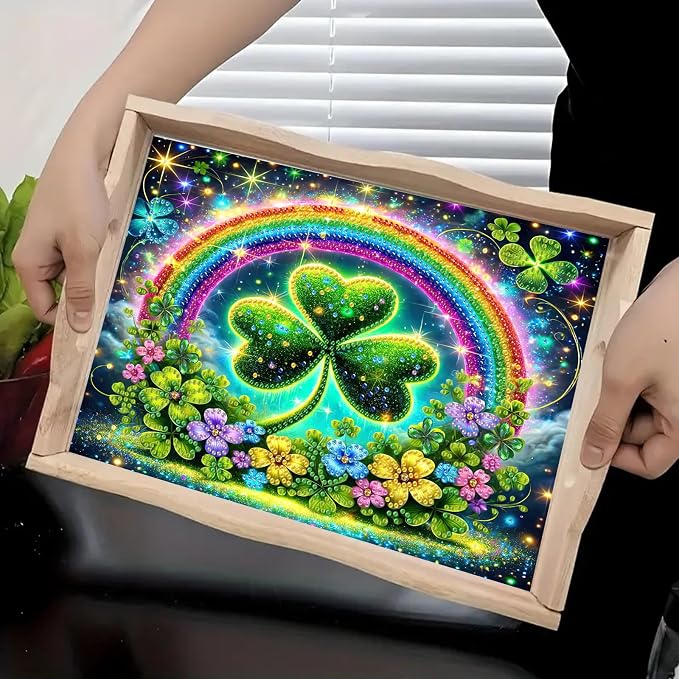 BAYUNOE DIY Diamond Serving Tray Rectangular Breakfast Tray with Handle Handmade Diamond Art Painting Wooden Tray Spring Creative Dinner Plate Coffee Room Living Home Organizer-Rainbow Clover