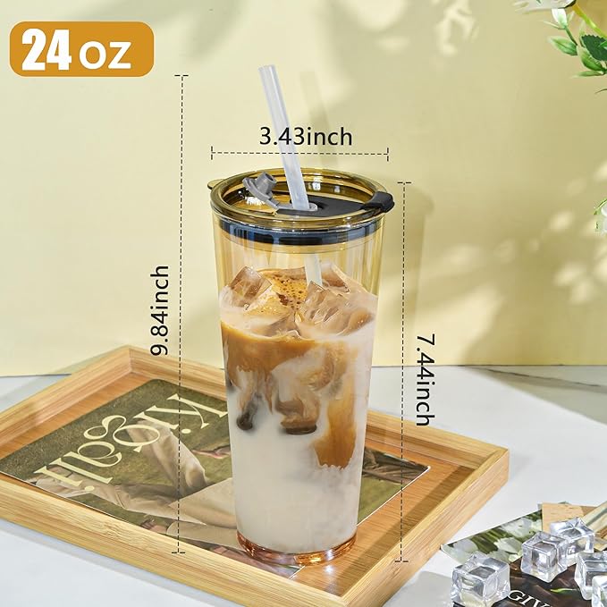 24oz Drinking Glasses Cups Set of 2 Leak Proof Iced Coffee Glass Tumbler with Lid Straw Glassware for Juice Coffee Smoothie Boba Tea(Gray & Amber)