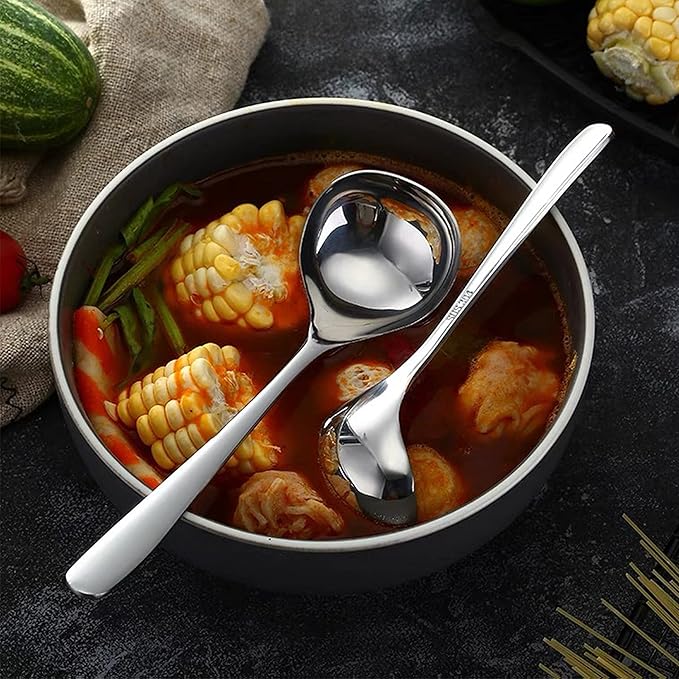 Comicfs 2 Pack Gravy Ladle, SUS 304 Stainless Steel Soup Ladle, Small Soup Ladles, Sauce Ladles, Small Serving Ladle, Solid Serving Spoon 8-Inch (Silver)