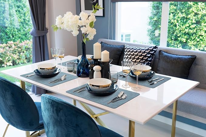 More Décor Faux Leather Placemats Set of 6 for Dining Table – Waterproof, Wipeable, Washable, Stain & Heat Resistant, Non-Slip Table Mats – 12 X 17 Inch, Blue