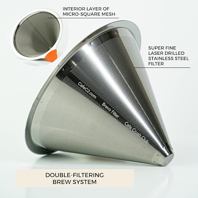 Reusable Coffee Filter for Pour Over Coffee Maker | Dual Layered Pour Over Mesh Filter with Glass Rest | Stainless Steel Coffee Filter & Glass Measuring Cup