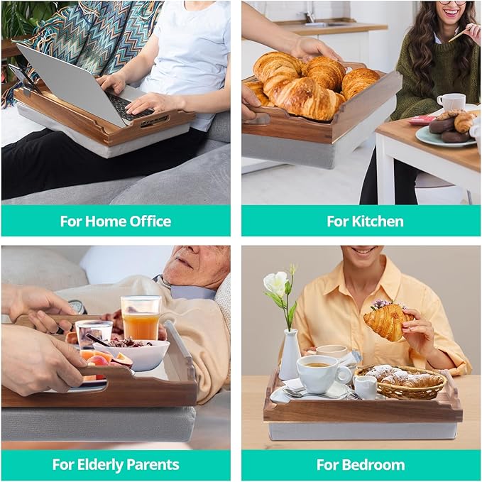 DRELIFAM Lap Desk with Cushion,Wooden Bed Tray Table for Eating,Lap Tray in Recliner,Breakfast Tray,TV Dinner Bed Food Trays (2 Acacia Wood A with 1 Basket)
