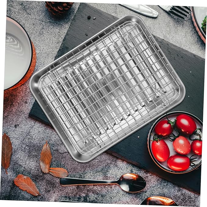 ABOOFAN 1Set Stainless Steel Baking Tray with Wire Rack Food Grade Non Stick Oven Pan Cooling Rack for Home Baking Camping and Restaurants Easy Clean